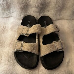 Cream Fuzzy Buckle Sandals